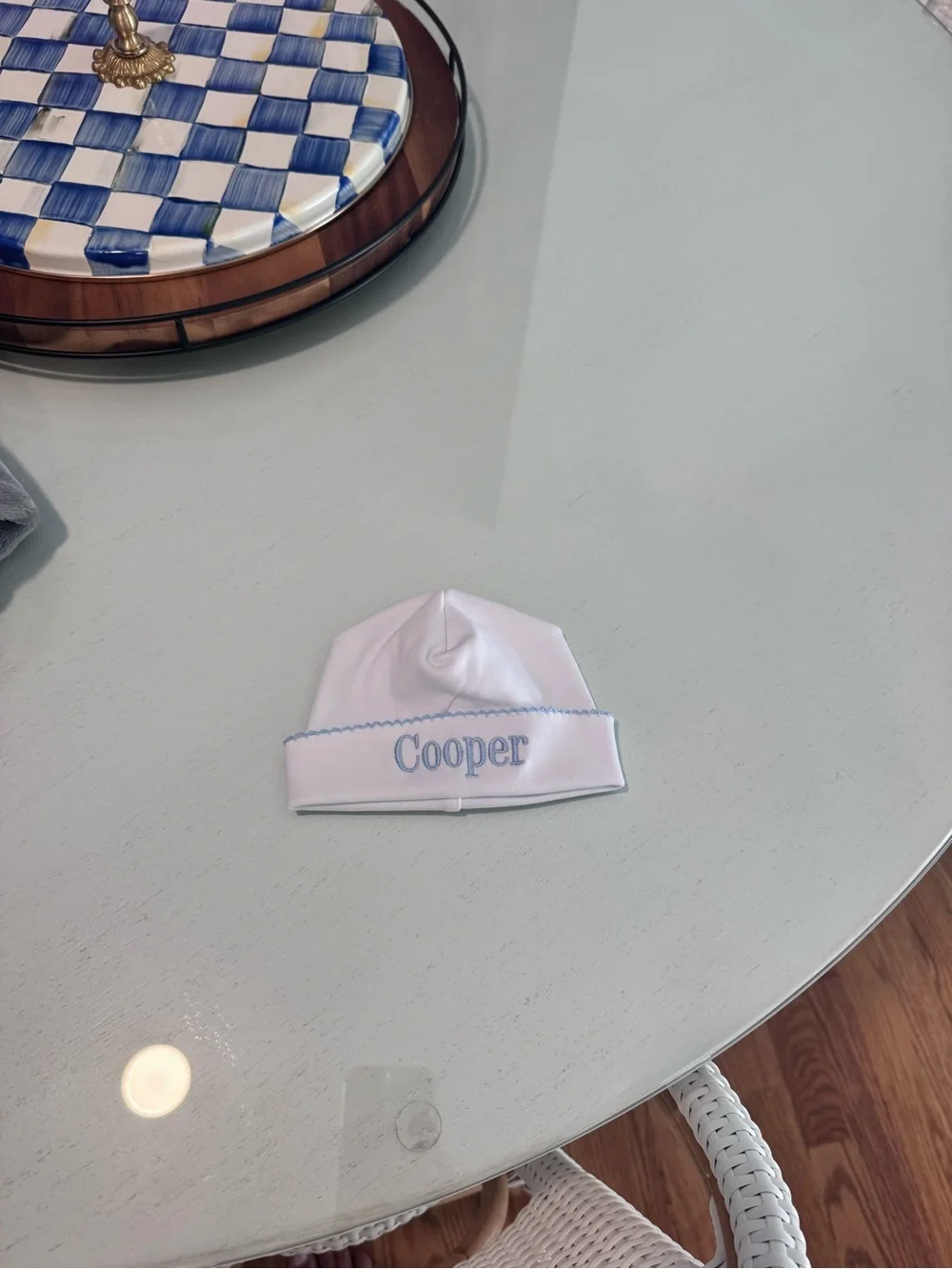 White Baby Beanie with Light Blue 'Cooper' Embroidery